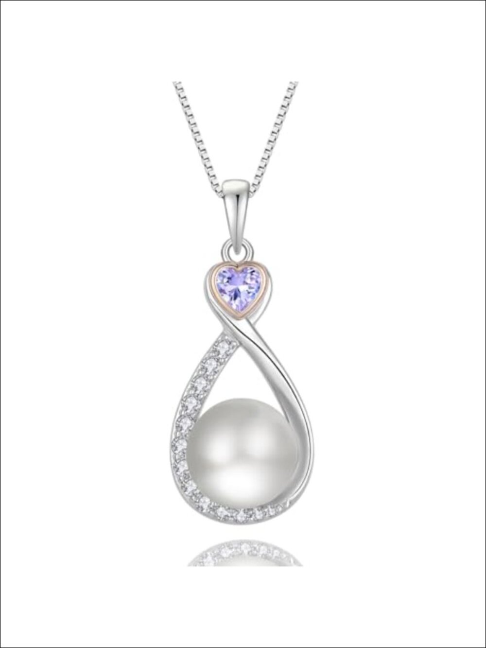 Heart Birthstone Pearl Necklace Sterling Silver Infinity Pendant 10mm